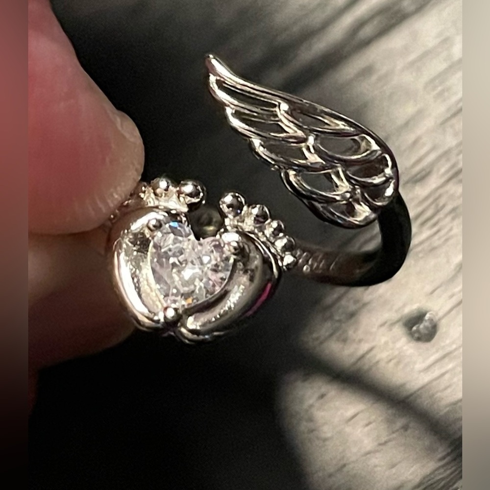 👣🪽Mommy of an Angel / Footprints wings😇 Stamped S925 Silver Adjustable Ring NWT - Picture 10 of 11